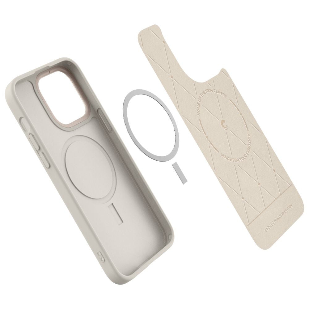 Apple iPhone 14 Pro, Szilikon védőkeret + műanyag hátlap, bőrrel bevont hátlap, Magsafe töltővel kompatibilis, Spigen Ciel Cyrill Kajuk Mag, szürke – iPhone 14 Pro tok a Spigen kínálatából | Domshop
