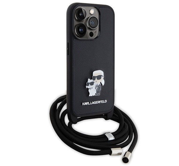 Karl Lagerfeld Crossbody Saffiano Metal Pin Karl & Choupette Apple iPhone 15 Pro hátlap tok, fekete – iPhone 15 Pro tok a Karl Lagerfeld kínálatából | Domshop