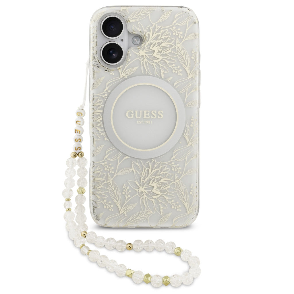 Guess IML Flowers Allover Strap Apple iPhone 17 MagSafe hátlap tok, fehér