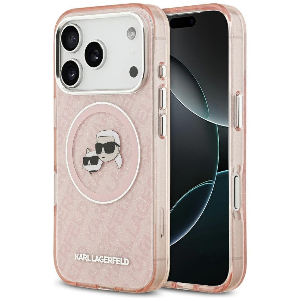 Karl Lagerfeld IML Glitter Karl & Choupette Heads Logo iPhone 17 Pro Max MagSafe kompatibilis hátlap tok, rózsaszín
