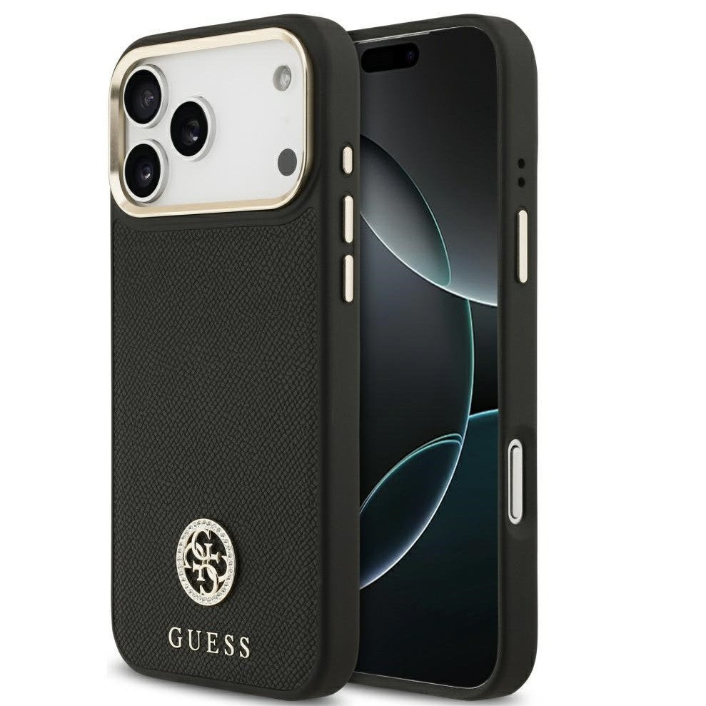 Guess 4G Grained Strass Logo Apple iPhone 17 Pro MagSafe tok kameravédő peremmel, fekete-arany