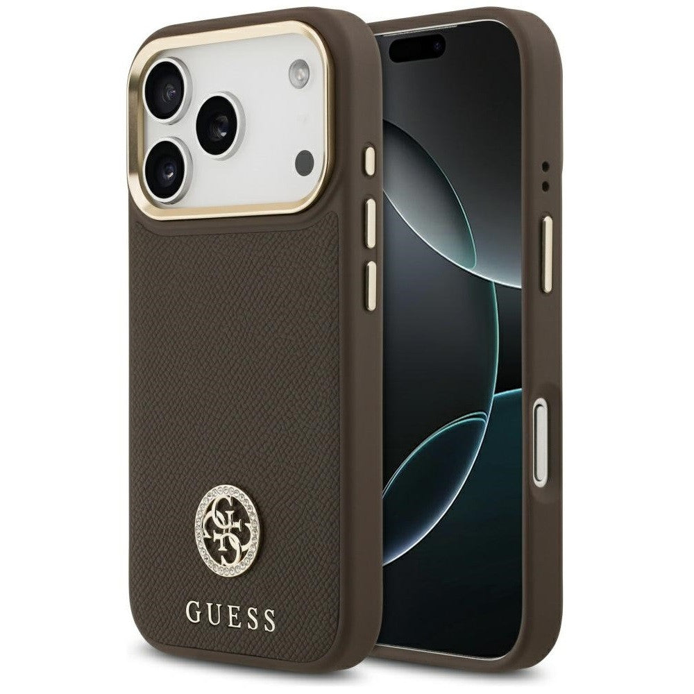 Guess 4G Grained Strass Logo Apple iPhone 17 Pro Max MagSafe tok kameravédő peremmel, barna-arany