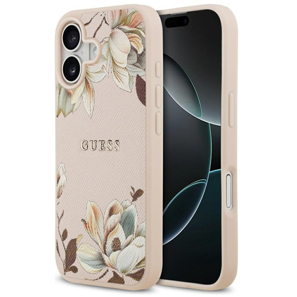 Guess Grained Flowers Classic Logo Apple iPhone 17 MagSafe tok, virág minta, rózsaszín