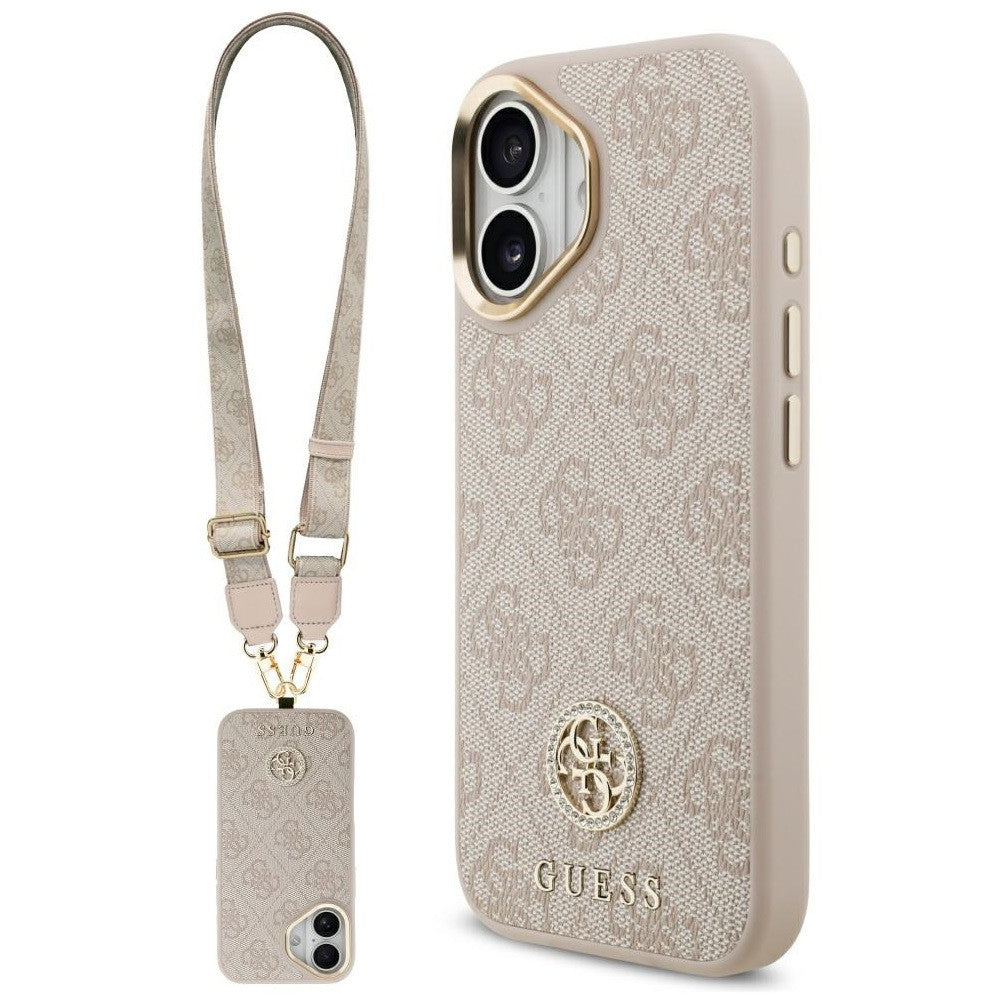 Guess 4G Strass Logo & Big Strap Metal Buttons Apple iPhone 17 MagSafe tok csukló / nyakpánttal, rózsaszín