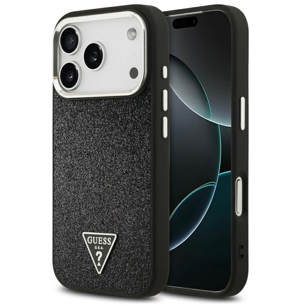 Guess Glitter Triangle Logo Apple iPhone 17 Pro MagSafe tok, csillámos, fekete