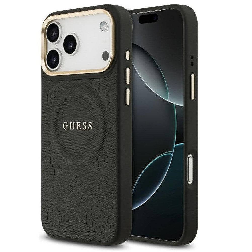 Guess Peony Hot Stamp Apple iPhone 17 Pro Max MagSafe tok kameravédő peremmel, fekete-arany
