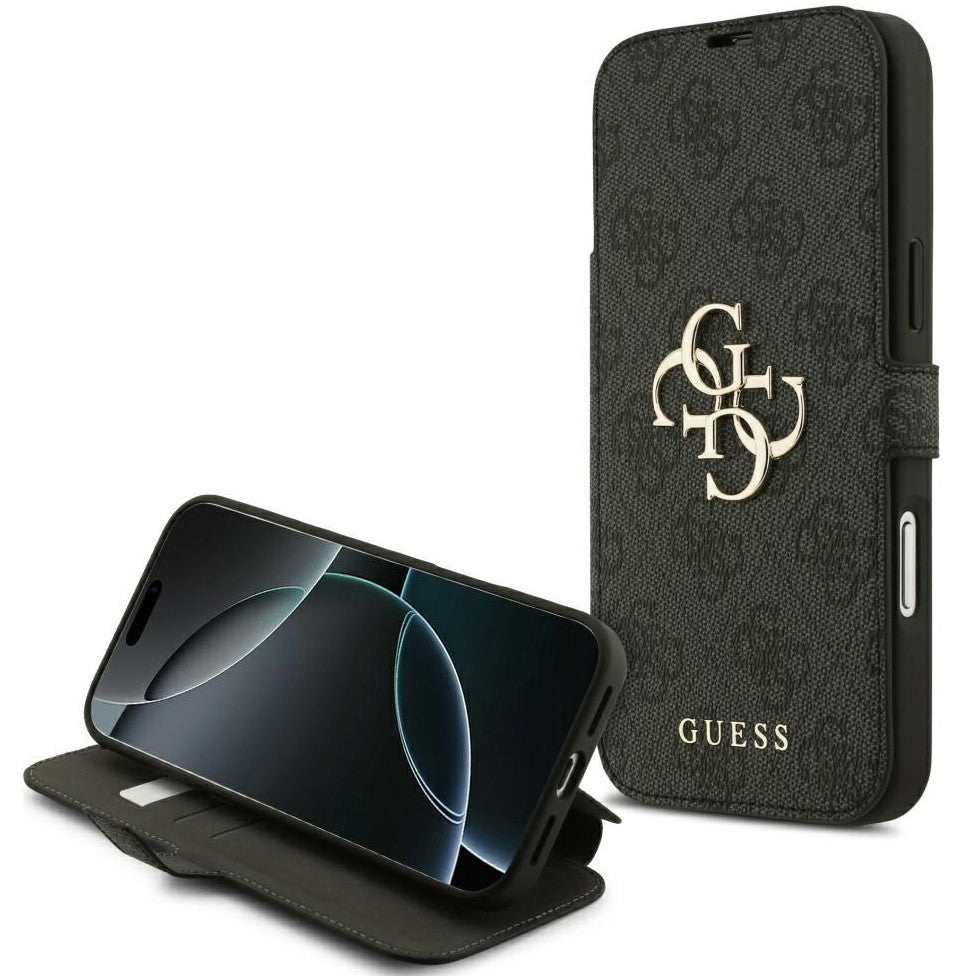 Guess Book 4G Metal Logo Apple iPhone 17 Pro oldalra nyíló tok kártyatartóval, fekete