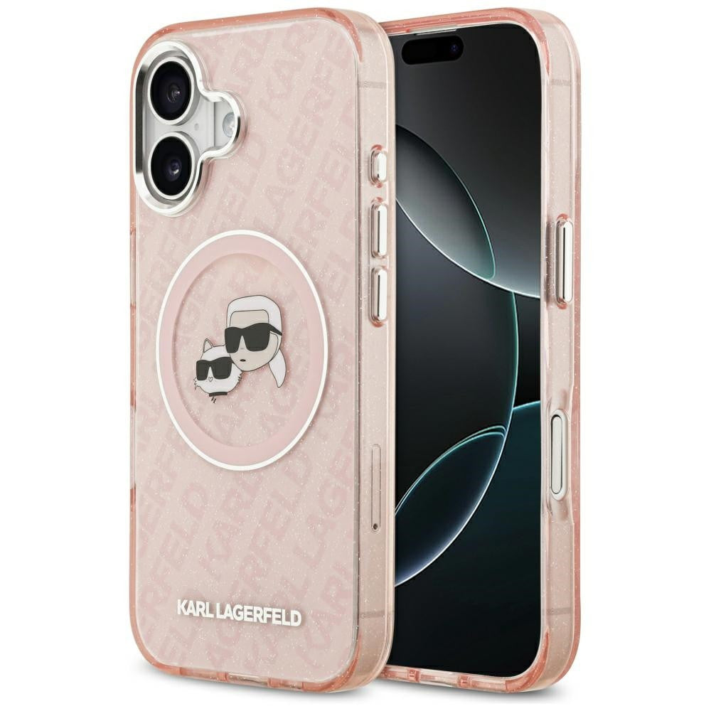 Karl Lagerfeld IML Glitter Karl & Choupette Heads Logo Apple iPhone 17 MagSafe kompatibilis hátlap tok, csillámos, rózsaszín
