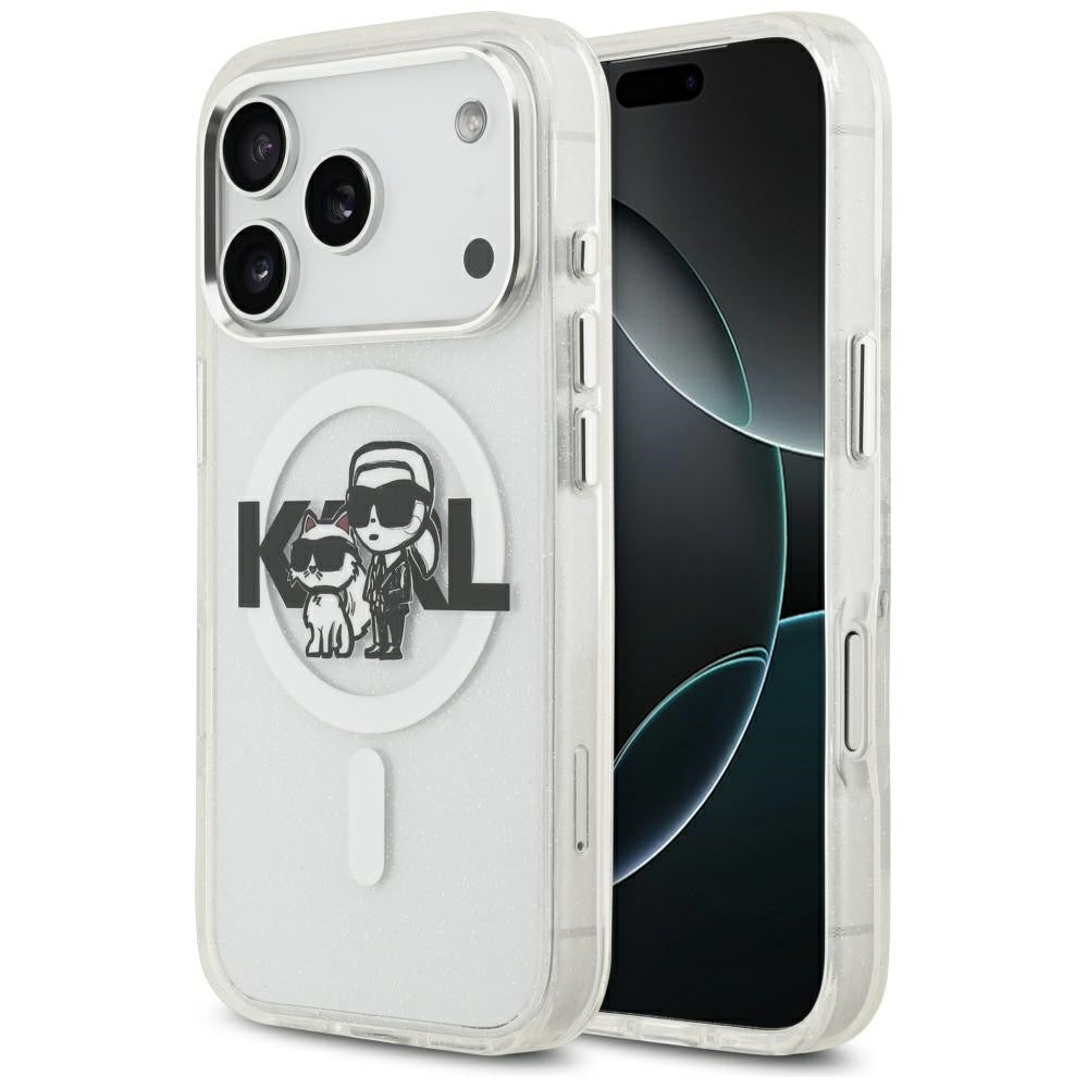 Karl Lagerfeld IML Glitter Karl & Choupette Sketch Logo Apple iPhone 17 Pro Max MagSafe kompatibilis hátlap tok, átlátszó