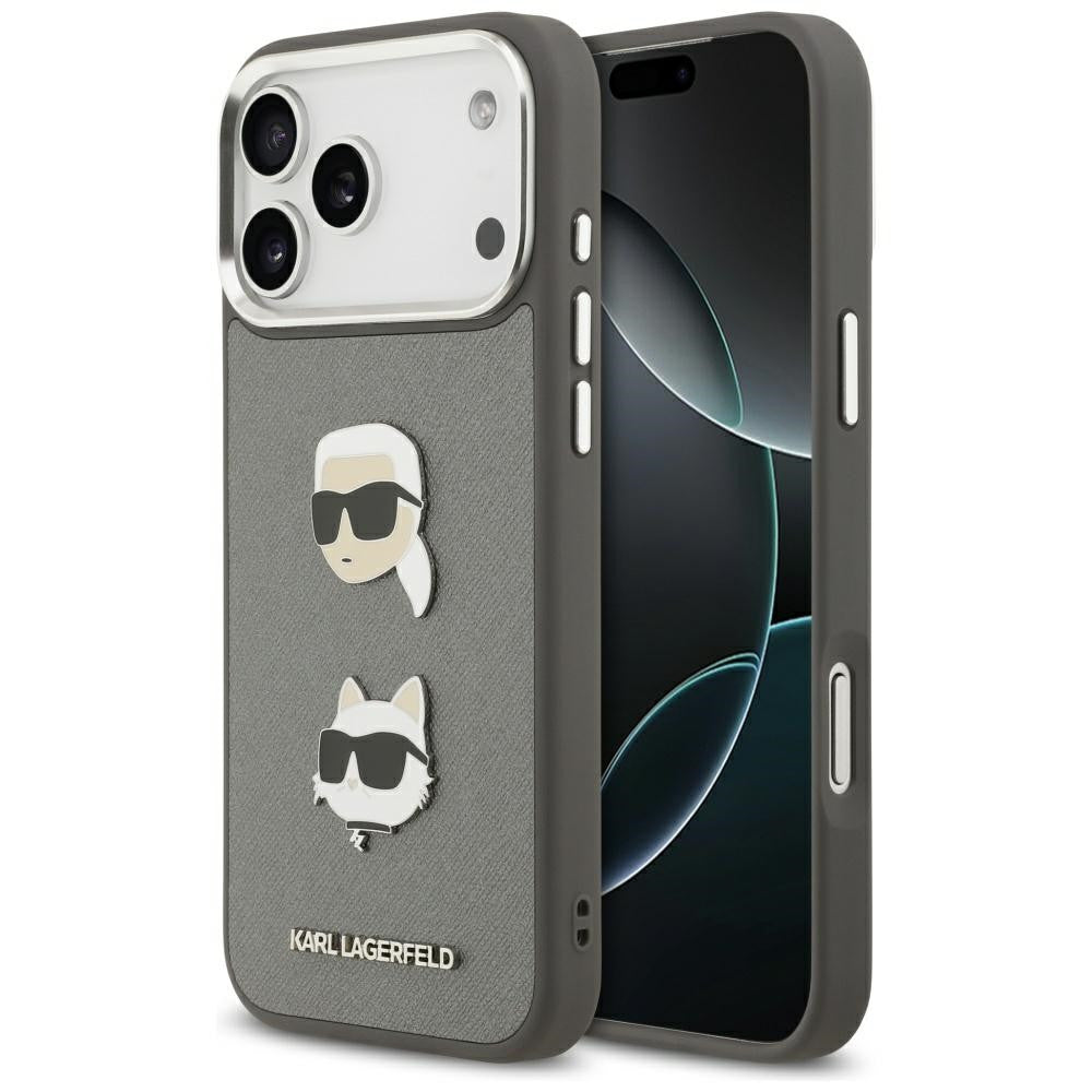 Karl Lagerfeld FW Grained Karl & Choupette Heads Pins & Logo Apple iPhone 17 Pro hátlap tok, szürke