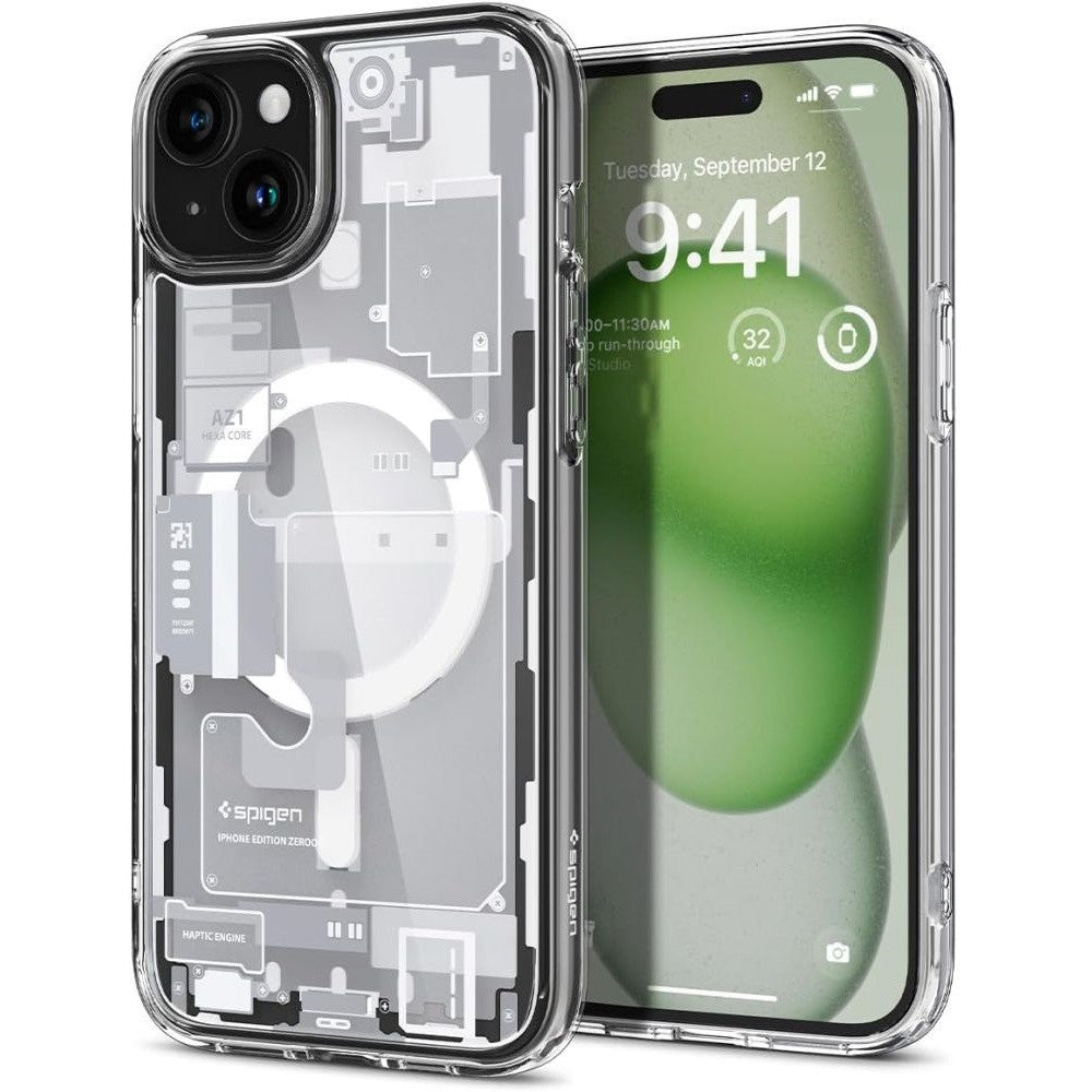 Apple iPhone 15 Plus, Műanyag hátlap védőtok + szilikon keret, Magsafe töltővel kompatibilis, iPhone belső minta, Spigen Ultra Hybrid Zero One Mag, átlátszó/fehér – iPhone 15 Plus tok a Spigen kínálatából | Domshop