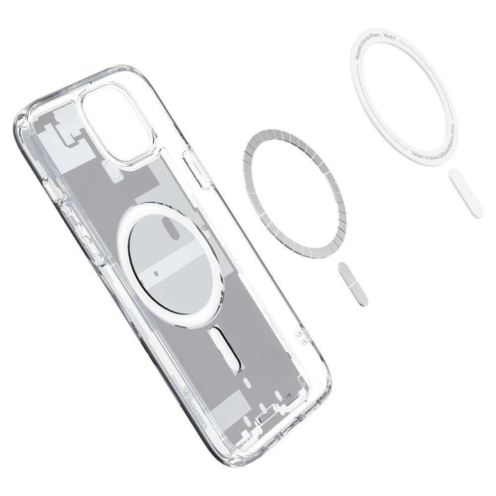 Apple iPhone 15 Plus, Műanyag hátlap védőtok + szilikon keret, Magsafe töltővel kompatibilis, iPhone belső minta, Spigen Ultra Hybrid Zero One Mag, átlátszó/fehér – iPhone 15 Plus tok a Spigen kínálatából | Domshop