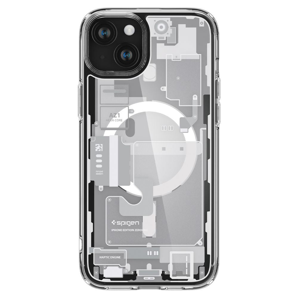 Apple iPhone 15 Plus, Műanyag hátlap védőtok + szilikon keret, Magsafe töltővel kompatibilis, iPhone belső minta, Spigen Ultra Hybrid Zero One Mag, átlátszó/fehér – iPhone 15 Plus tok a Spigen kínálatából | Domshop