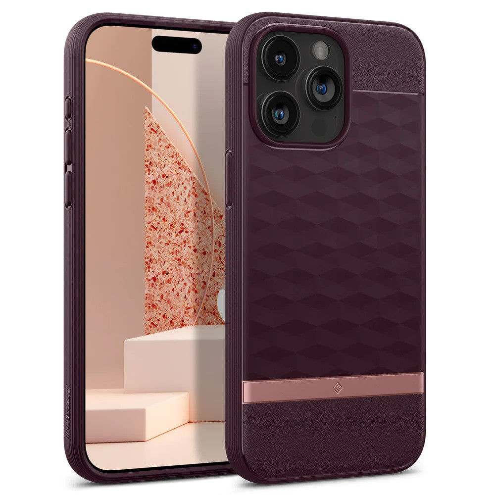 Apple iPhone 15 Pro, Szilikon tok + műanyag keret, közepesen ütésálló, Magsafe töltővel kompatibilis, 3D hatszög minta, Spigen Caseology Parallax Mag, bordó – iPhone 15 Pro tok a Spigen kínálatából | Domshop