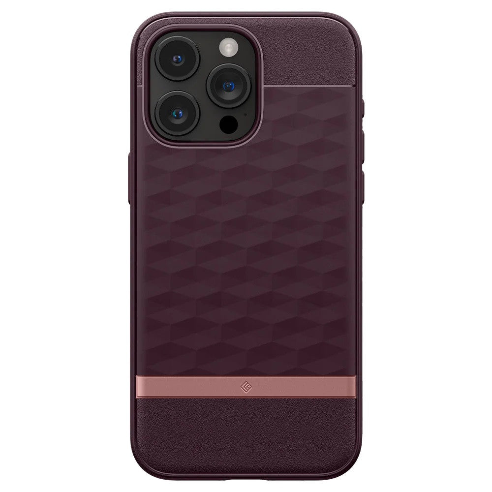 Apple iPhone 15 Pro, Szilikon tok + műanyag keret, közepesen ütésálló, Magsafe töltővel kompatibilis, 3D hatszög minta, Spigen Caseology Parallax Mag, bordó – iPhone 15 Pro tok a Spigen kínálatából | Domshop