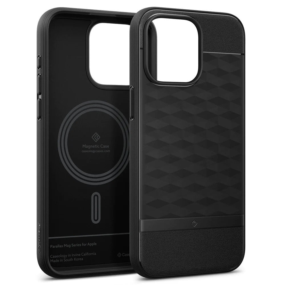 Apple iPhone 15 Pro Max, Szilikon tok + műanyag keret, közepesen ütésálló, Magsafe töltővel kompatibilis, 3D hatszög minta, Spigen Caseology Parallax Mag, fekete – iPhone 15 Pro Max tok a Spigen kínálatából | Domshop