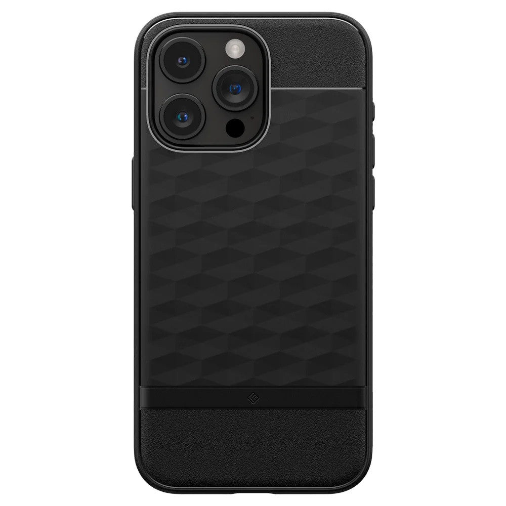 Apple iPhone 15 Pro Max, Szilikon tok + műanyag keret, közepesen ütésálló, Magsafe töltővel kompatibilis, 3D hatszög minta, Spigen Caseology Parallax Mag, fekete – iPhone 15 Pro Max tok a Spigen kínálatából | Domshop