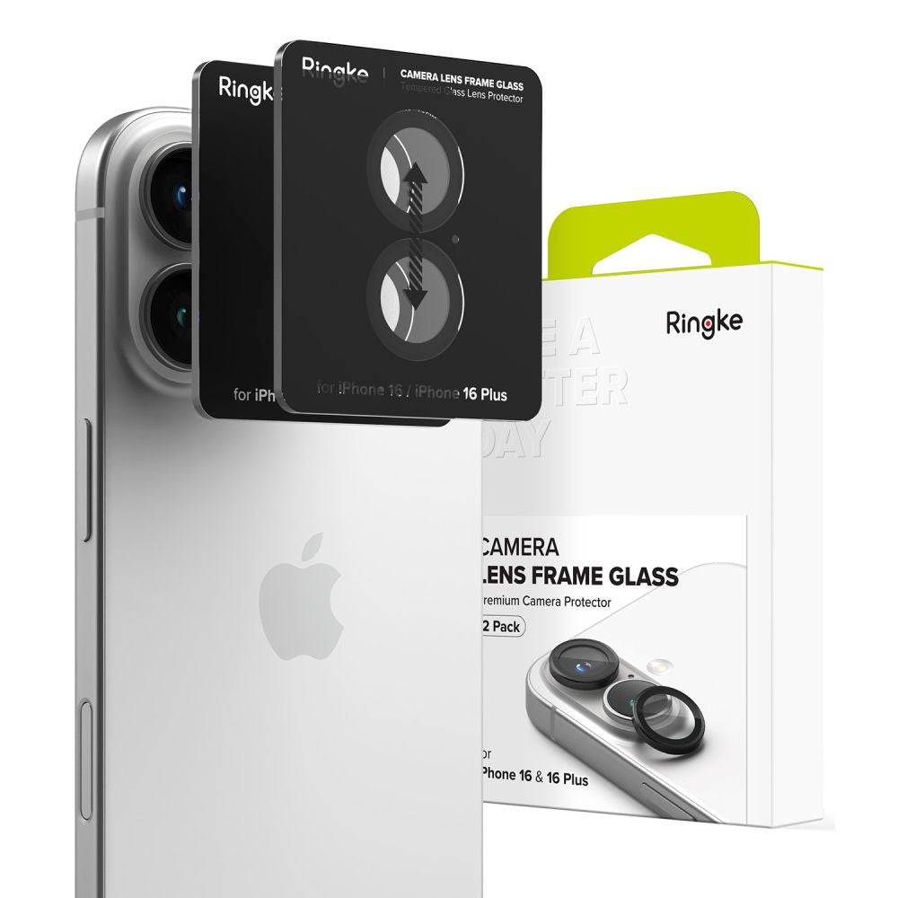 Apple iPhone 16 / 16 Plus, Kamera lencsevédő fólia, ütésálló fólia, Tempered Glass (edzett üveg), alumínium keret, Ringke Camera Frame Protector, fekete – a Ringke kínálatából | Domshop