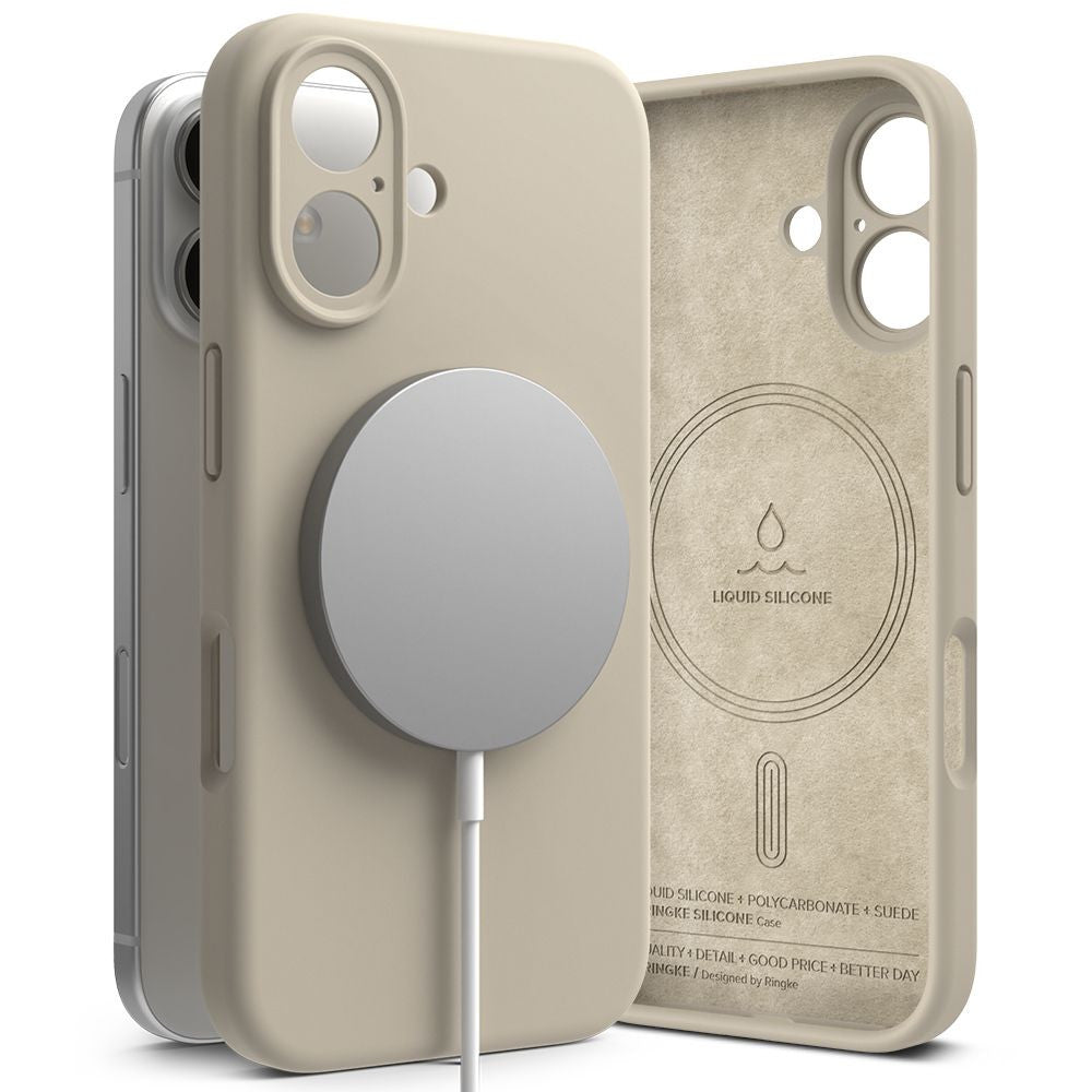 Apple iPhone 16, Szilikon tok, mikrofiber belső, közepesen ütésálló, Magsafe kompatibilis, Ringke Silicone Magnetic, tört-fehér – iPhone 16 tok a Ringke kínálatából | Domshop