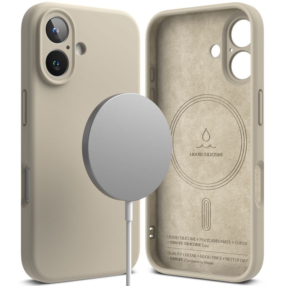 Apple iPhone 16, Szilikon tok, mikrofiber belső, közepesen ütésálló, Magsafe kompatibilis, Ringke Silicone Magnetic, tört-fehér – iPhone 16 tok a Ringke kínálatából | Domshop