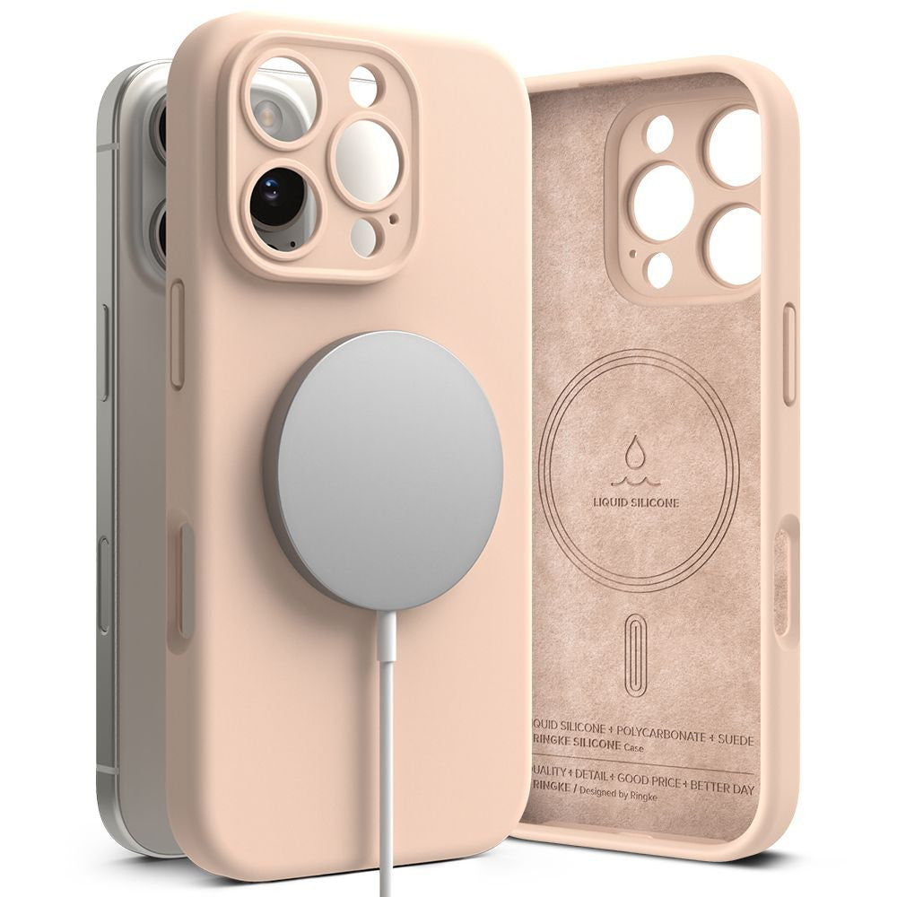 Apple iPhone 16 Pro Max, Szilikon tok, mikrofiber belső, közepesen ütésálló, Magsafe kompatibilis, Ringke Silicone Magnetic, rózsaszín – iPhone 16 Pro Max tok a Ringke kínálatából | Domshop