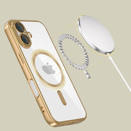 Apple iPhone 16, Műanyag hátlap védőtok + szilikon keret, közepesen ütésálló, Magsafe töltővel kompatibilis, fényes keret, Magflex Magsafe, átlátszó/arany – iPhone 16 tok a Tech Protect kínálatából | Domshop