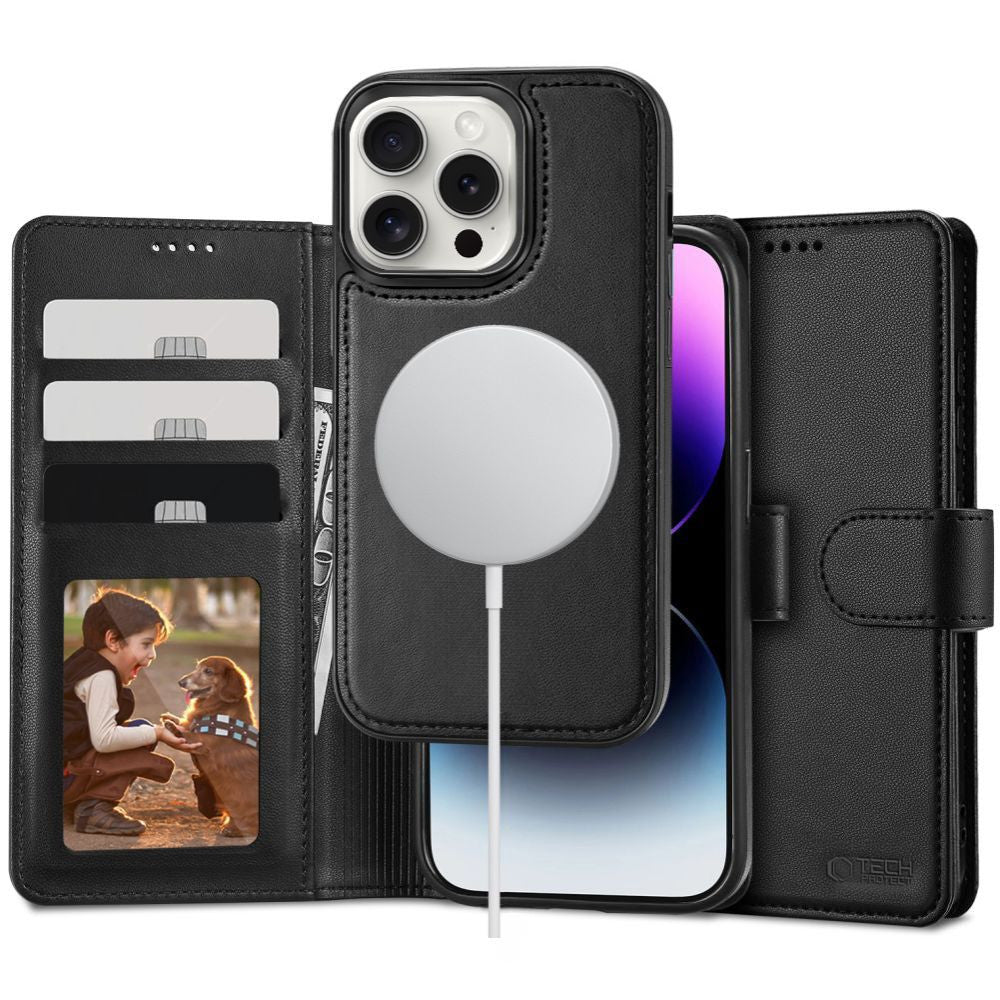 Apple iPhone 16 Pro, Oldalra nyíló tok, stand, mágnes csattal, kivehető tokkal, Magsafe töltővel kompatibilis, TP Wallett Magsafe, fekete – iPhone 16 Pro tok a Tech Protect kínálatából | Domshop