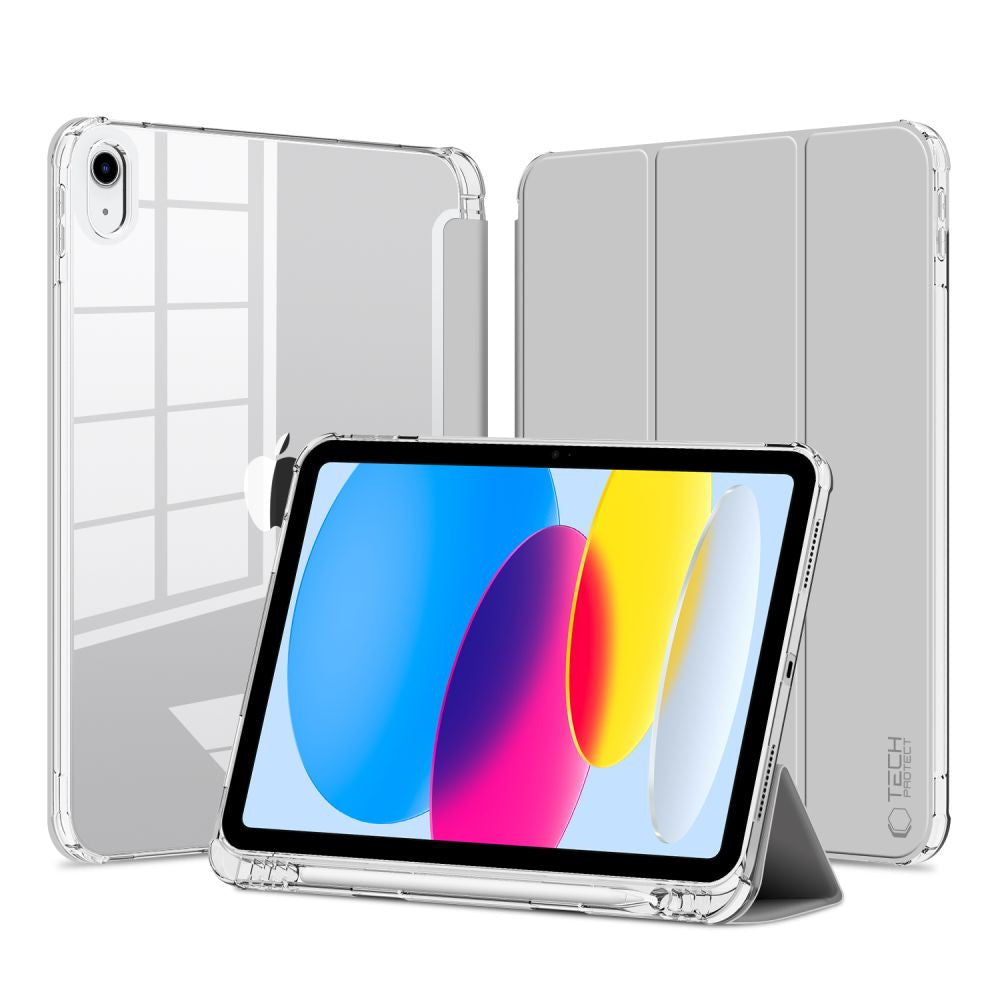 Apple iPad 10.9 (2022) / iPad 11 (2025), mappa tok, közepesen ütésálló, érintőceruza tartó, érintőceruza nélkül, átlátszó hátlap, Smart Case, TP SC Pen Holder Hybrid, szürke – iPad 10.9" (2022) és iPad 11" (2025) tok a Tech Protect kínálatából | Domshop