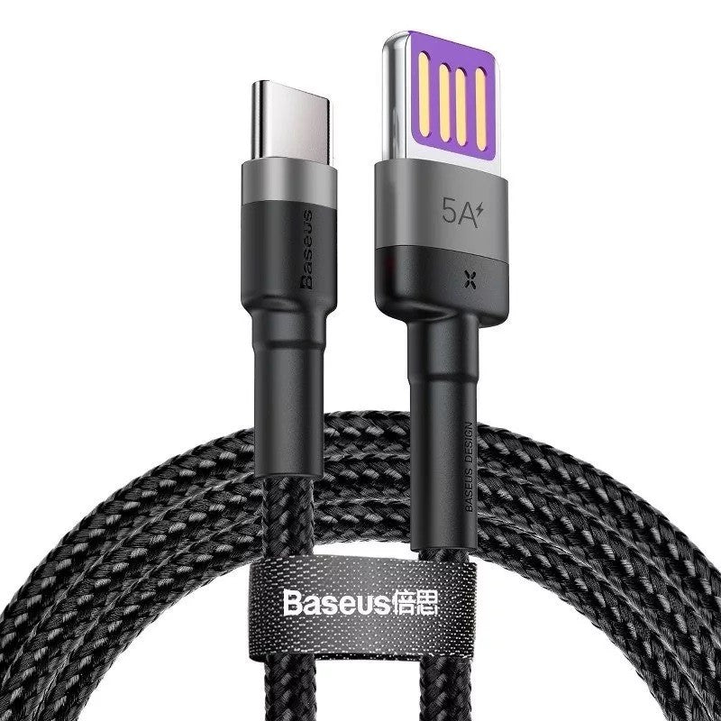USB töltő- és adatkábel, USB Type-C, 100 cm, 5000 mA, 40W, kétoldalas, törésgátlóval, gyorstöltés, PD, cipőfűző minta, Baseus Cafule HW, CATKLF-PG1, fekete/szürke - USB-C kábel a Domshop kínálatából
