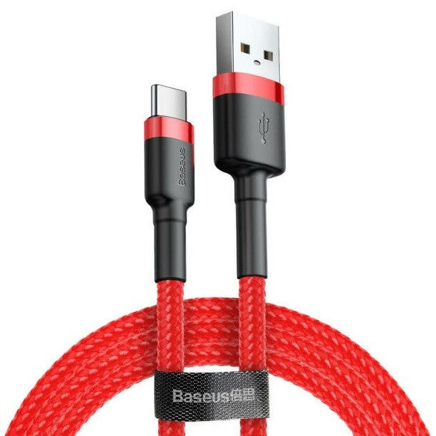 USB töltő- és adatkábel, USB Type-C, 200 cm, 2000 mA, törésgátlóval, gyorstöltés, cipőfűző minta, Baseus Cafule CATKLF-C09, piros - USB-C kábel a Domshop kínálatából