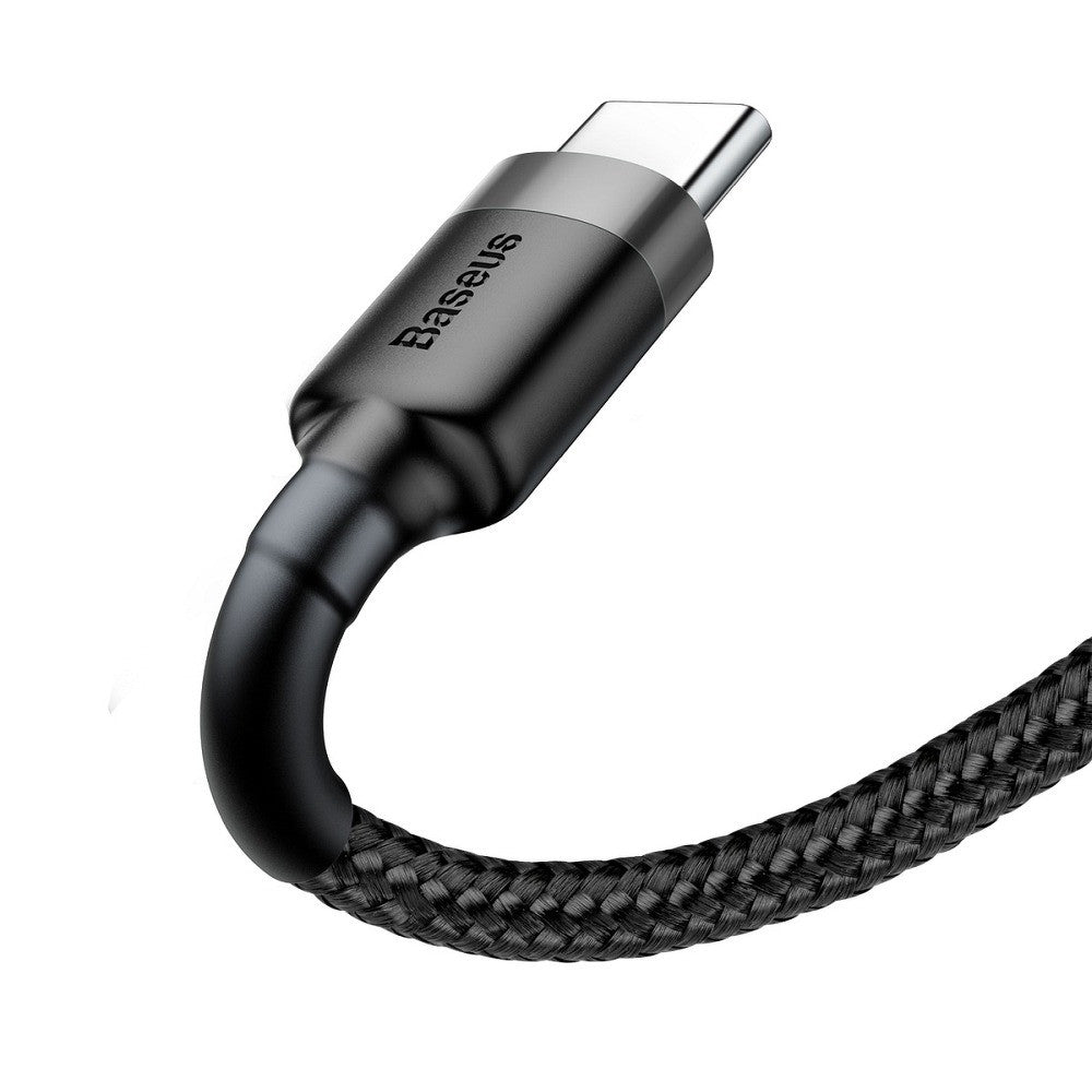 USB töltő- és adatkábel, USB Type-C, 200 cm, 2000 mA, törésgátlóval, gyorstöltés, cipőfűző minta, Baseus Cafule CATKLF-CG1, fekete/szürke - USB-C kábel a Domshop kínálatából
