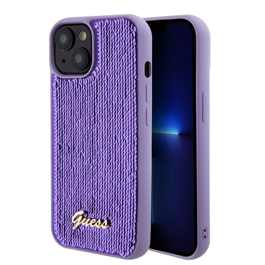 Guess Sequin Script Logo tok iPhone 15 Plus készülékhez lila