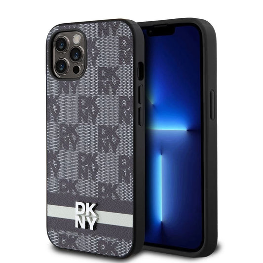 DKNY PU Leather Checkered Pattern and Stripe tok iPhone 12/12 Pro készülékhez fekete