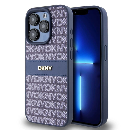 DKNY PU bőr Repeat Pattern Tonal Stripe tok iPhone 14 Pro Max készülékhez kék
