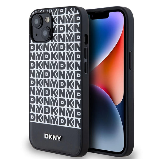 DKNY PU Leather Repeat Pattern Bottom Stripe MagSafe tok iPhone 13 készülékhez fekete