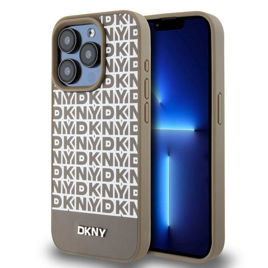 DKNY PU Leather Repeat Pattern Bottom Stripe MagSafe tok iPhone 14 Pro készülékhez barna