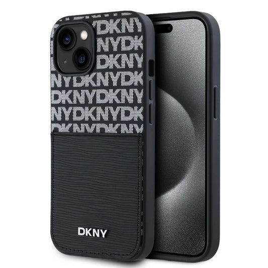 DKNY PU Leather Repeat Pattern kártyatartós tok iPhone 15 készülékhez fekete