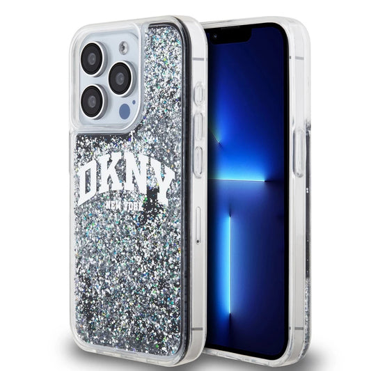 DKNY Liquid Glitter Arch Logo tok iPhone 15 Pro készülékhez fekete