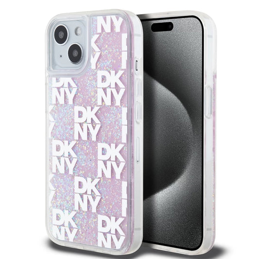 DKNY Liquid Glitter Checkered Pattern tok iPhone 15 készülékhez rózsaszín