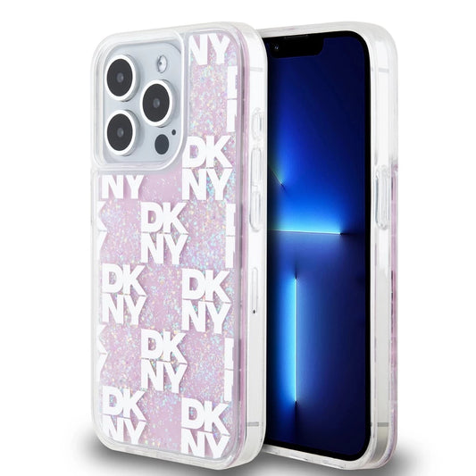 DKNY Liquid Glitter Checkered Pattern tok iPhone 15 Pro készülékhez rózsaszín
