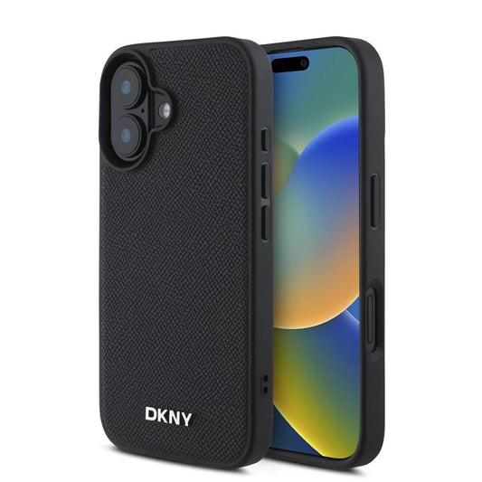 DKNY PU bőr ezüst fém logó Magsafe tok iPhone 16 készülékhez fekete