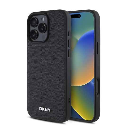 DKNY PU bőr Silver Metal Logo Magsafe tok iPhone 16 Pro készülékhez fekete
