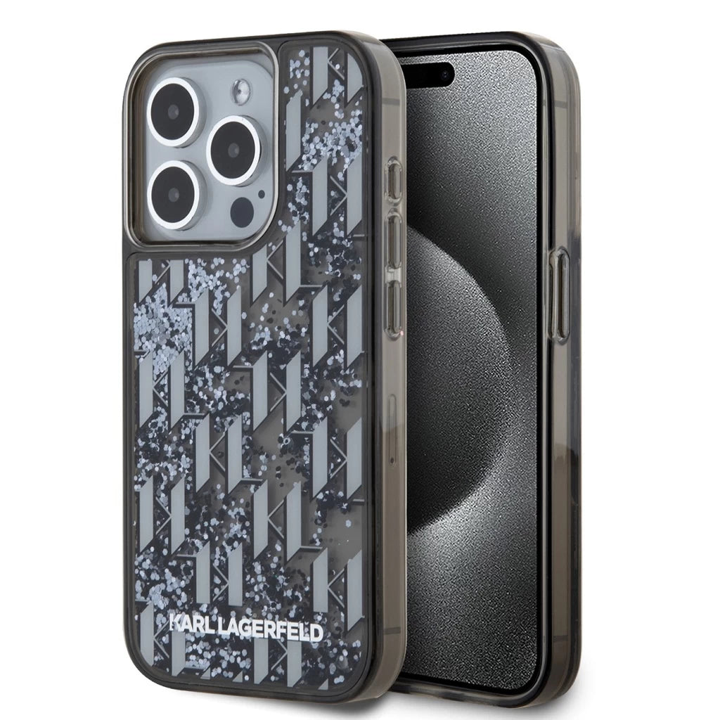 Karl Lagerfeld Liquid Glitter Monogram Gradient tok iPhone 15 Pro Max készülékhez fekete
