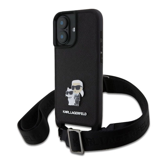Karl Lagerfeld Saffiano Crossbody Strap Metal Karl and Choupette tok iPhone 16 készülékhez fekete