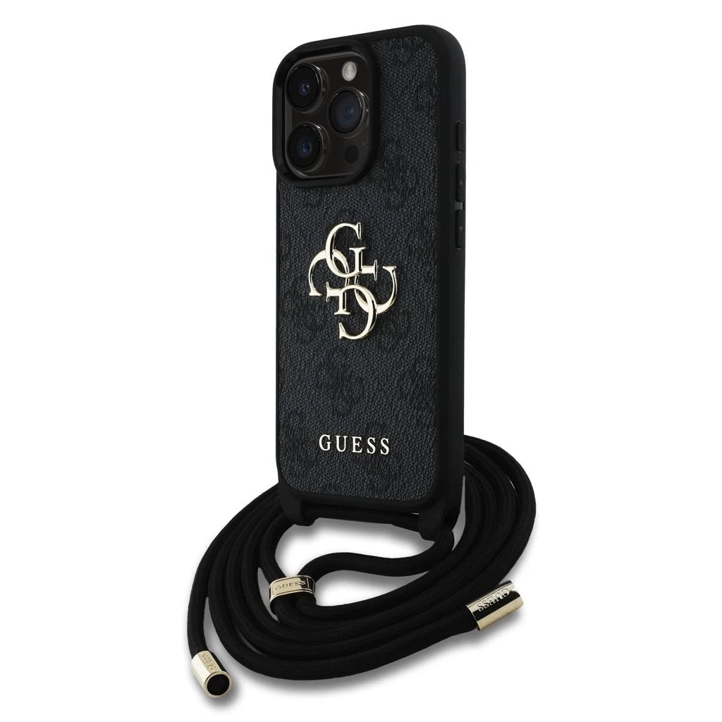 Guess PU 4G Metal Logo Crossbody Strap tok iPhone 15 Pro készülékhez fekete