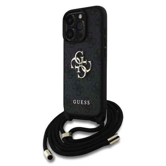 Guess PU 4G Metal Logo Crossbody Strap tok iPhone 15 Pro készülékhez fekete