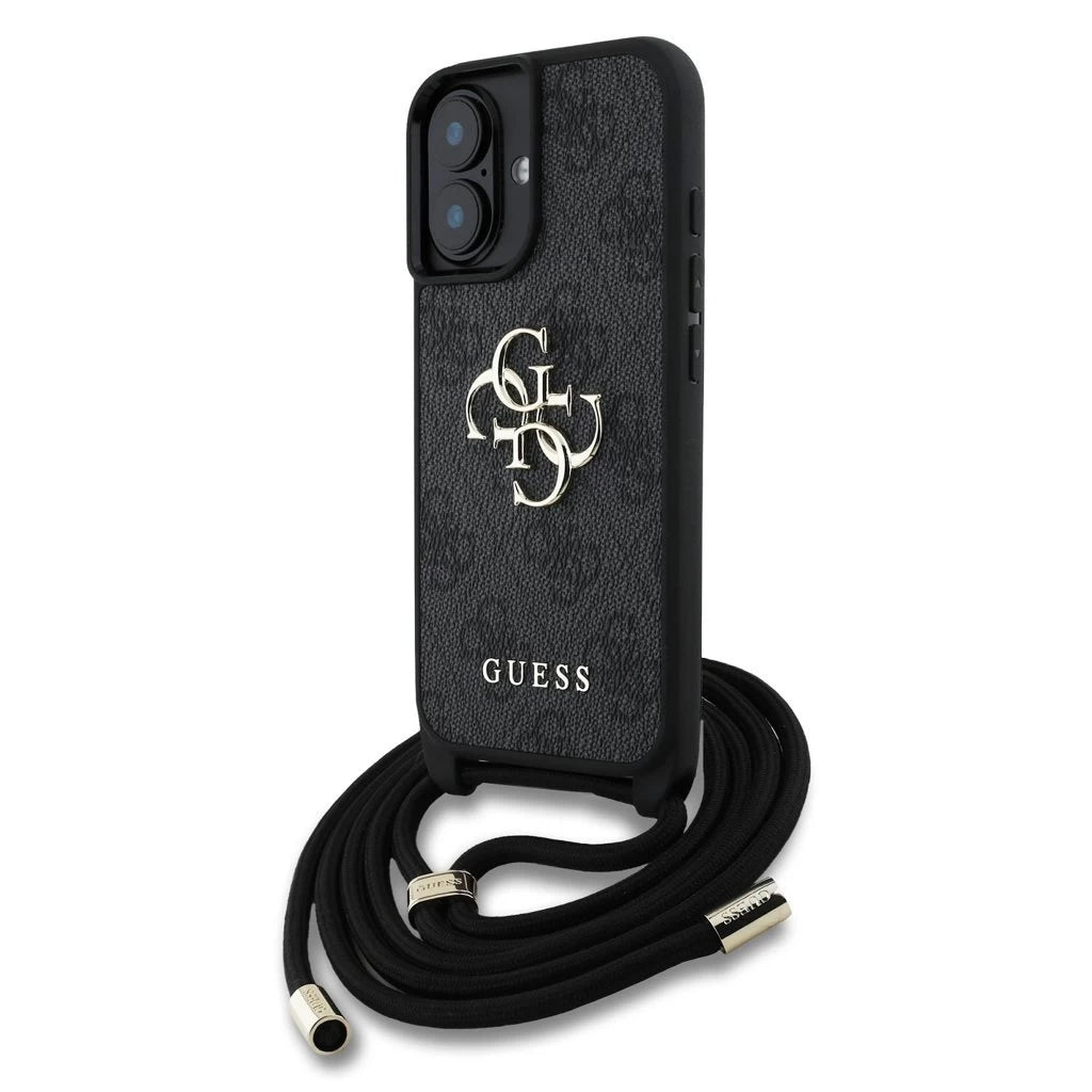 Guess PU 4G fém logó vállpántos tok iPhone 16 készülékhez fekete