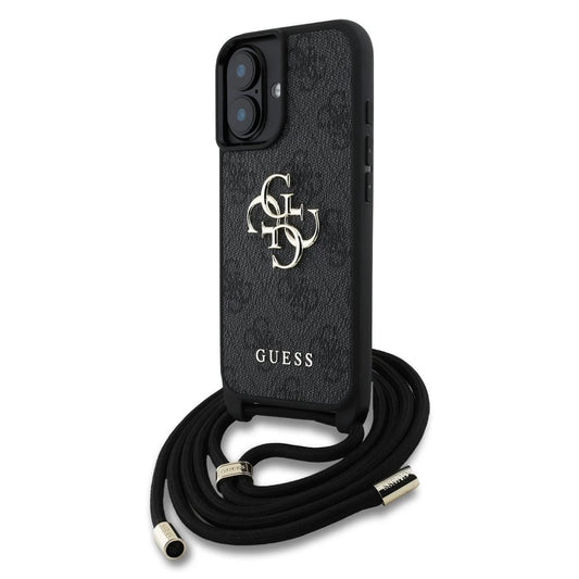 Guess PU 4G fém logó vállpántos tok iPhone 16 készülékhez fekete