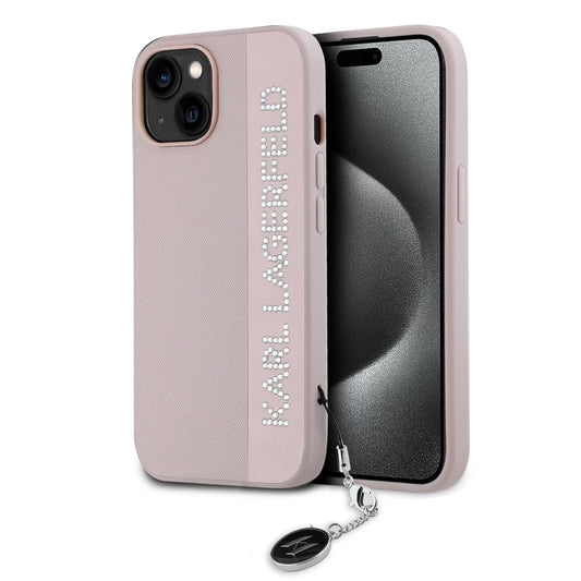 Karl Lagerfeld PU Saffiano Rhinestone Charm tok iPhone 15 készülékhez rózsaszín