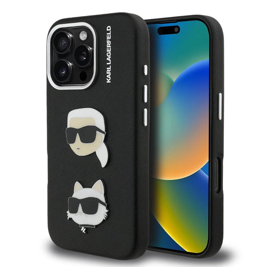 Karl Lagerfeld Grained PU K&CH Heads tok iPhone 16 Pro készülékhez fekete